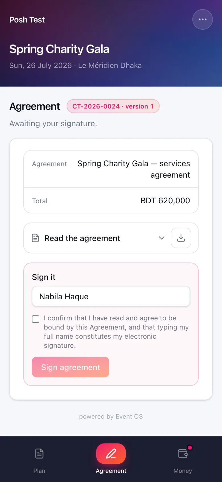 The EventOS client portal on a phone: an agreement awaiting the client's signature