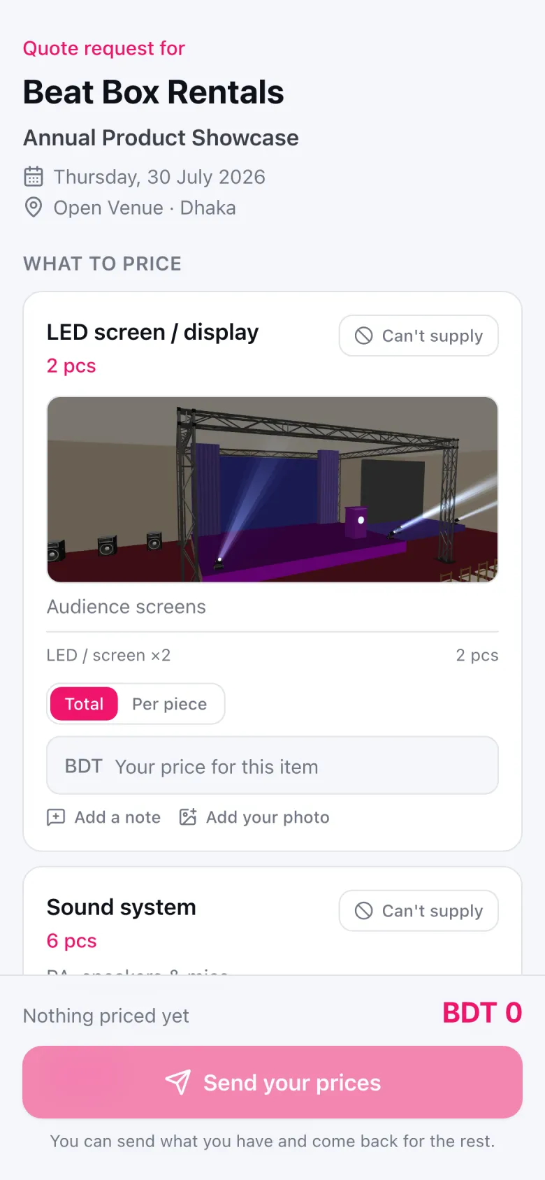 The EventOS vendor request on a phone: what to price, with the render